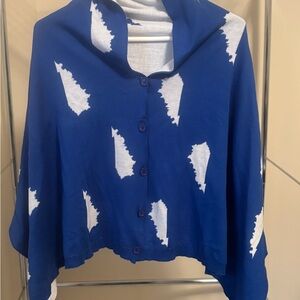 Top It Off Reversible Blue Button-Up cape with White Accents